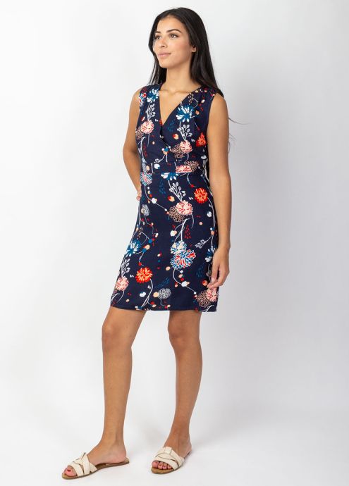 robe courte bleu marine en viscose crêpe larges bretelles encolure en v 