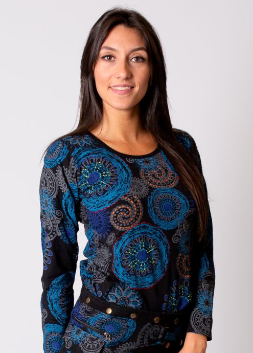 Top en coton SILKI bleu imprimé rosaces