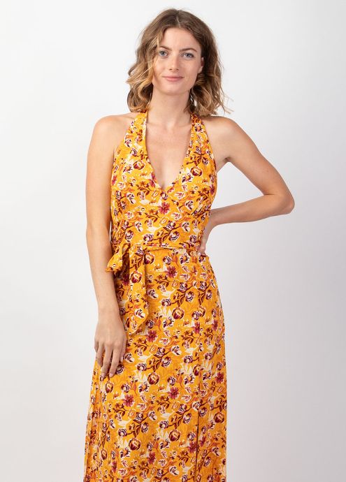 robe longue fendue jaune motif floral liens à nouer au cou zoom