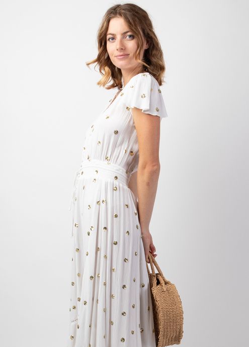 robe longue femme été bohème chic blanche manches courtes à sequins devant et dos zoom