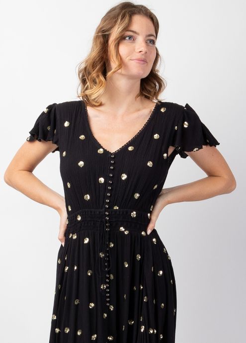 robe longue femme été bohème chic noire à sequins devant et dos zoom
