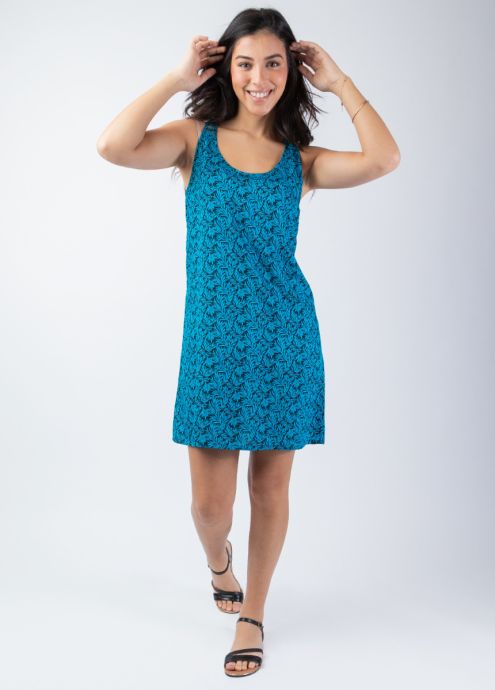 robe courte coupe droite motif ethnique bleu face