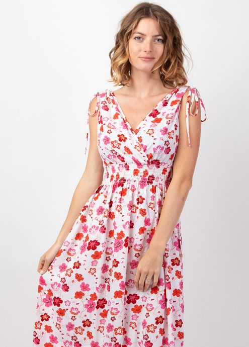 Robe longue larges bretelles TAMARA blanche motif fleuri romantique