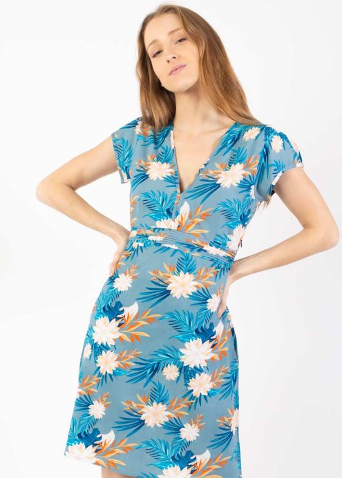 robe manches courtes viscose motif exotique fleuri