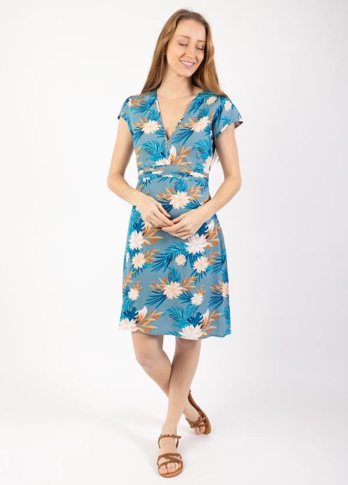 robe courte cintrée viscose motif exotique fleuri face