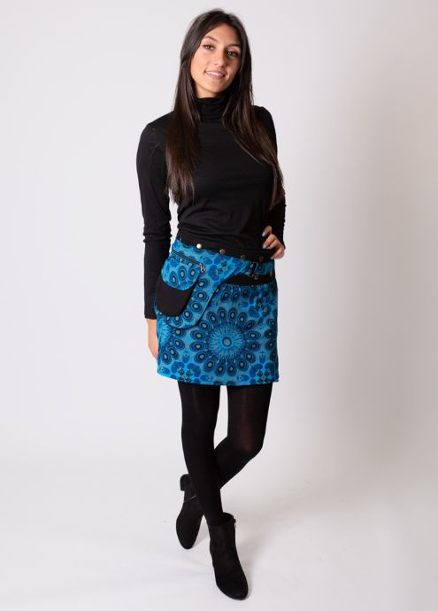 jupe courte hiver motifs ethniques bleu à pression