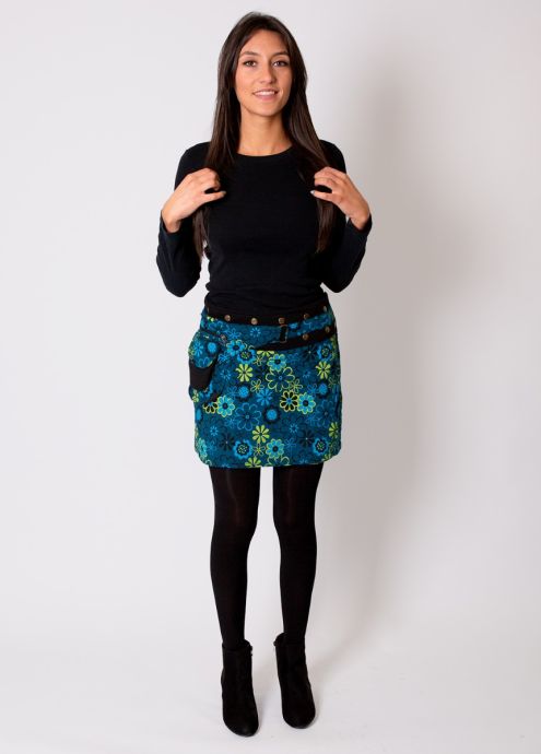 jupe courte hiver femme à pression imprimé fleuri bleu et jaune
