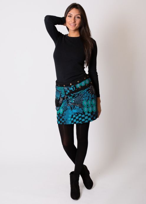 jupe courte hiver motifs ethniques noir turquoise face