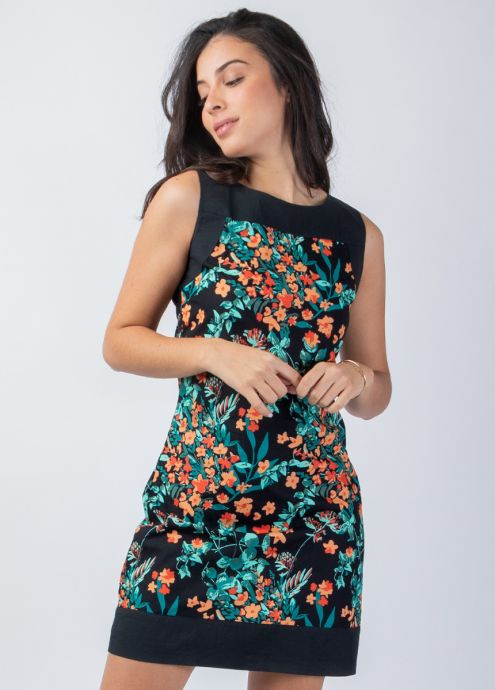 robe courte fleuri avec larges bandes noires à l'encolure et au bas de la robe zoom