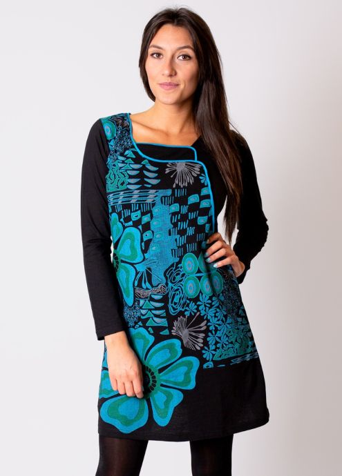 robe ethnique hiver en coton noire et turquoise