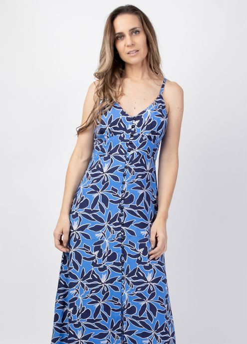 robe longue été fines bretelles motif fleuri bleu zoom