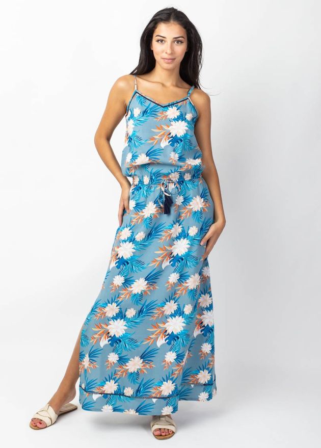 robe longue fines bretelles motif fleuri face