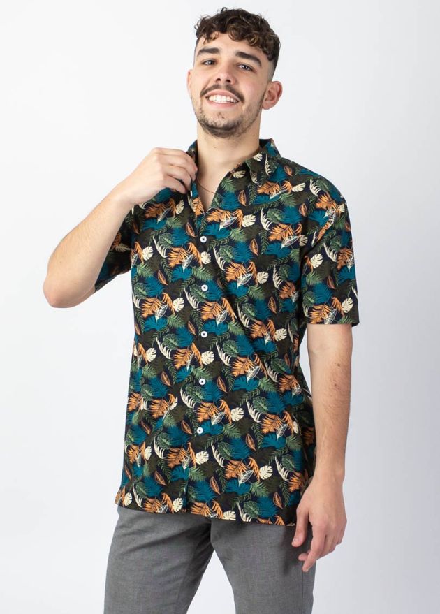 chemise homme été manches courtes imprimé tropical vert bleu orange viscose coton