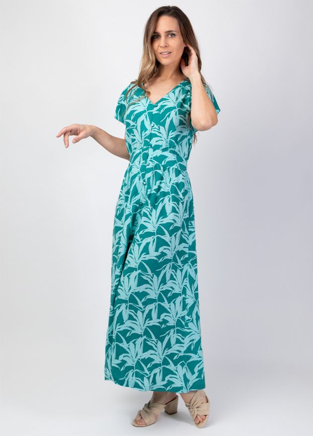 robe longue encolure en v manches courtes face