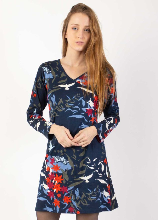 robe courte hiver coton col v motifs japonais