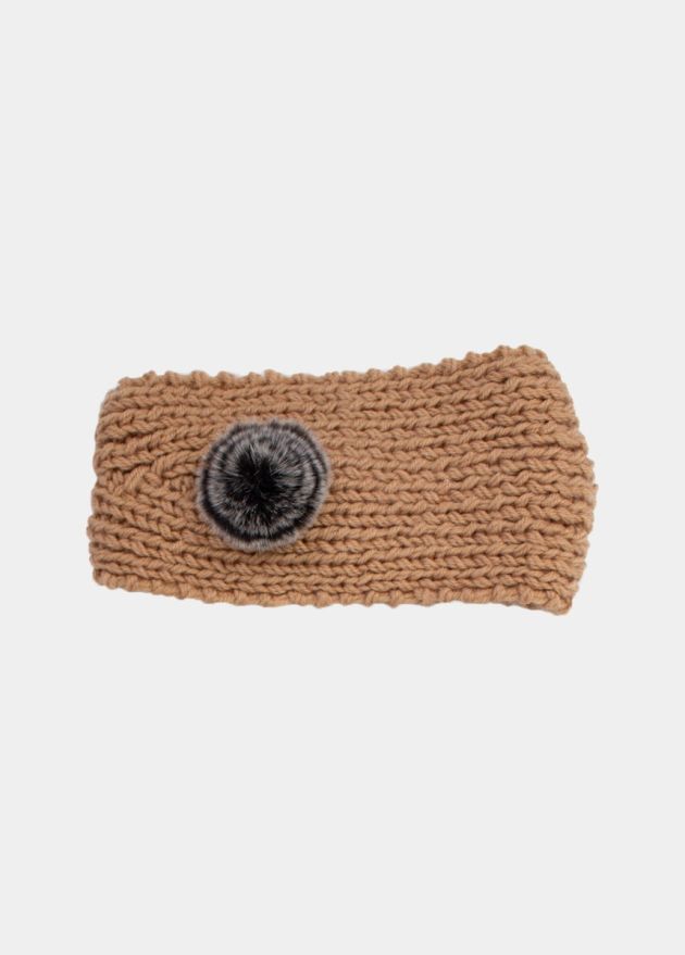 Bandeau pompon marron camel face