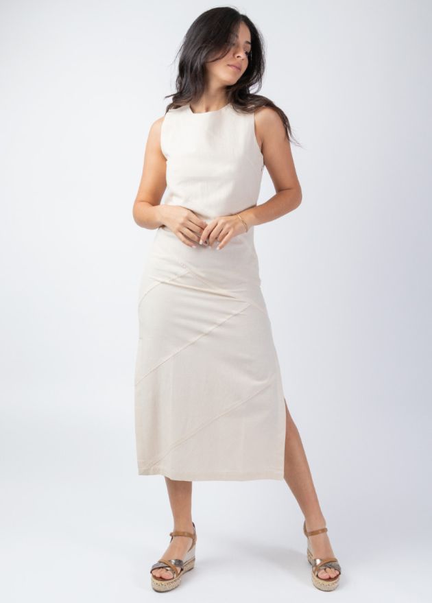 robe longue unie beige encolure ronde