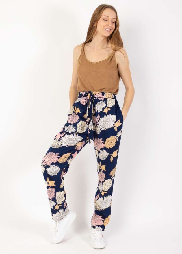pantalon jambe droite lien fixe à nouer motif floral face