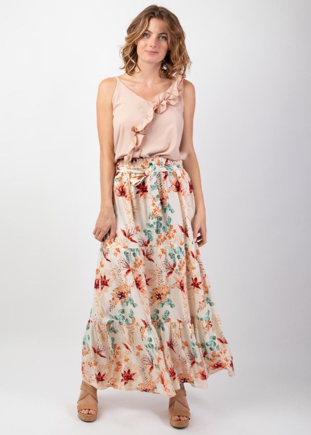 jupe longue motif fleuri bohème chic taille élastiquée face