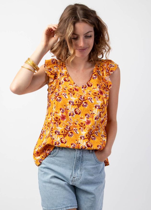 top femme jaune encolure en v motif fleuri zoom