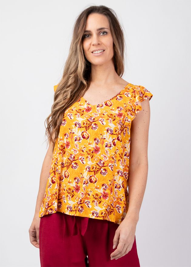 top femme jaune encolure en v motif fleuri zoom
