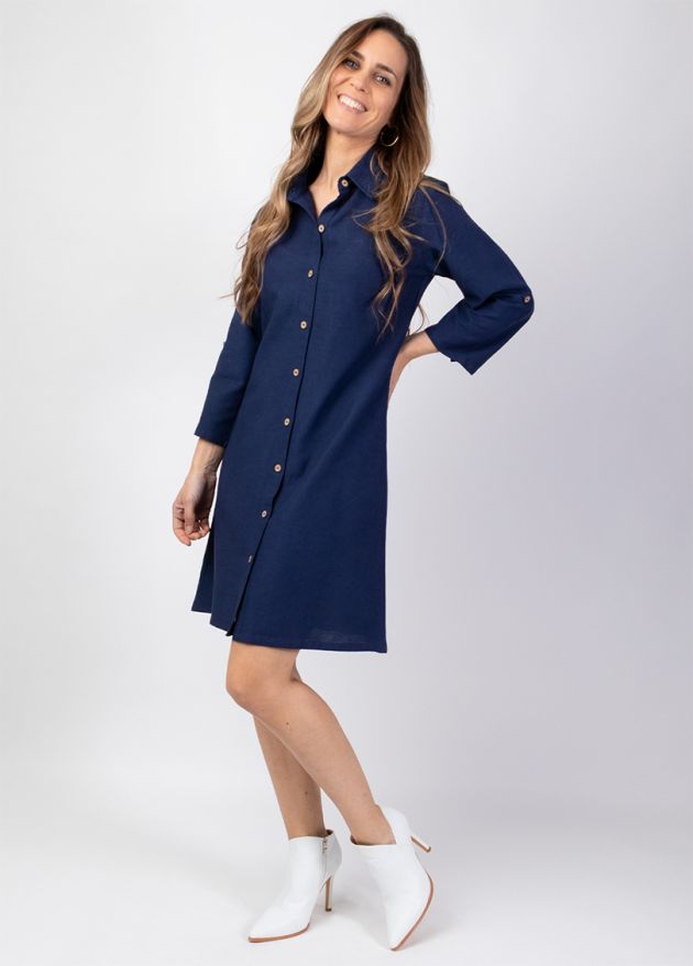 robe courte chemise unie bleu marine boutonnée sur le devant face
