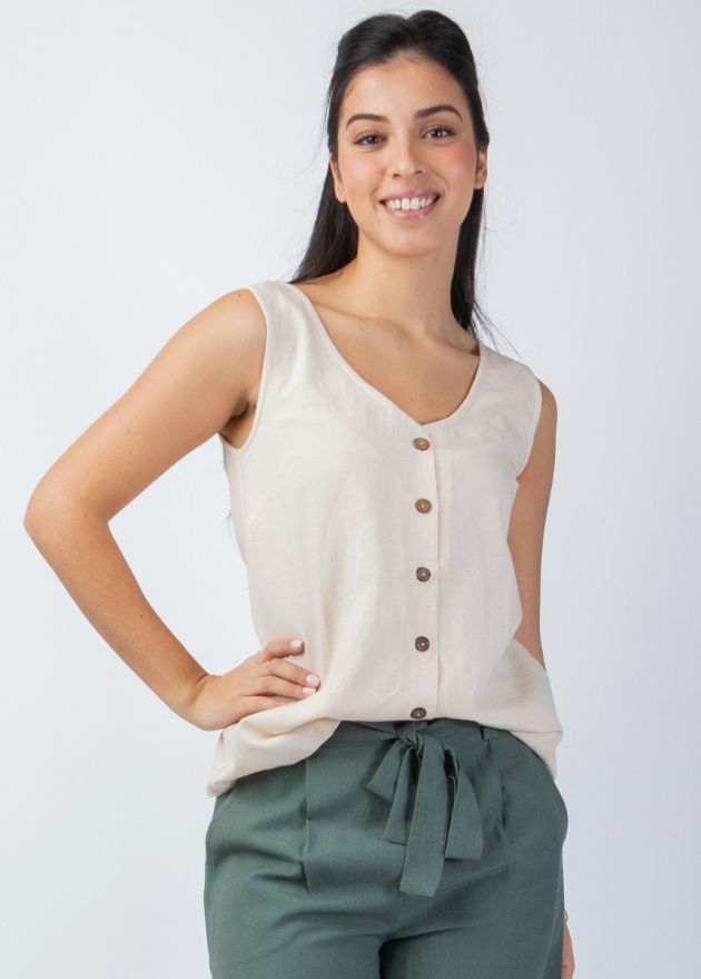 top été encolure en v uni boutons en coco devant