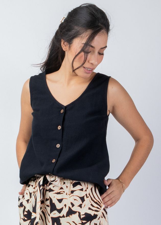 top été larges bretelles uni noir en coton mélangé zoom