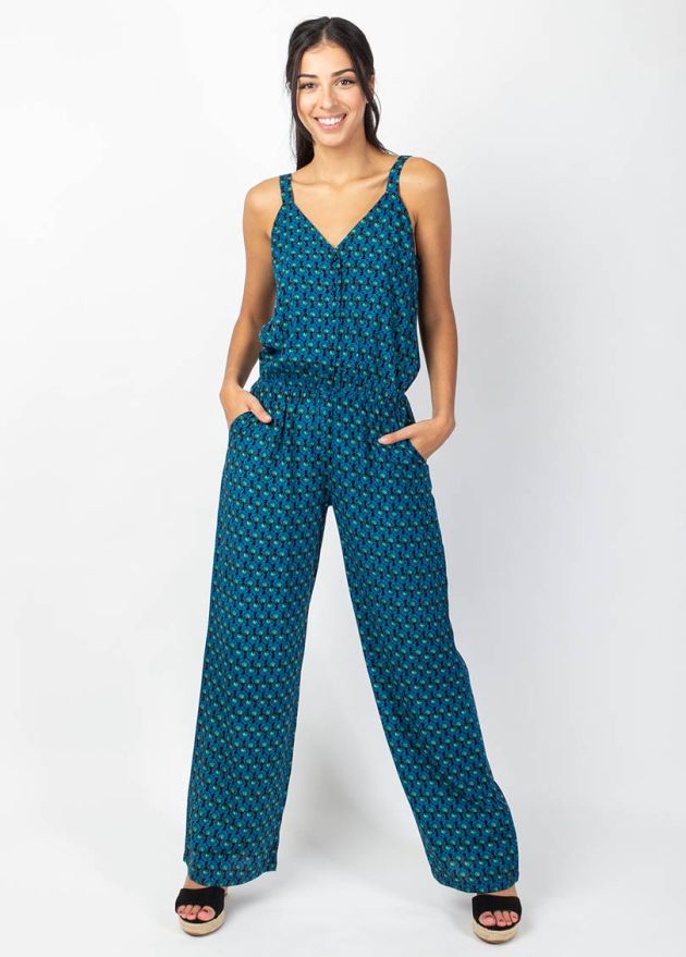 combi pantalon bleu jambes larges motif ethnique fleuri bretelle encolure v 