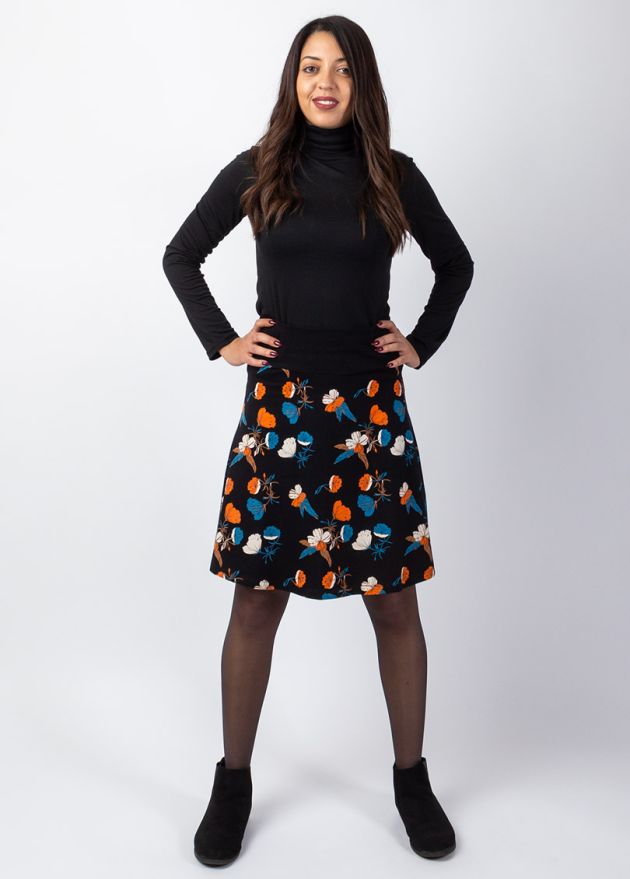 jupe courte hiver 100% coton noire motif fleuri automnal face