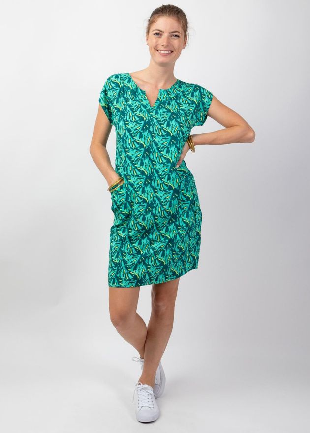 robe femme été verte motif tropical manches courtes face