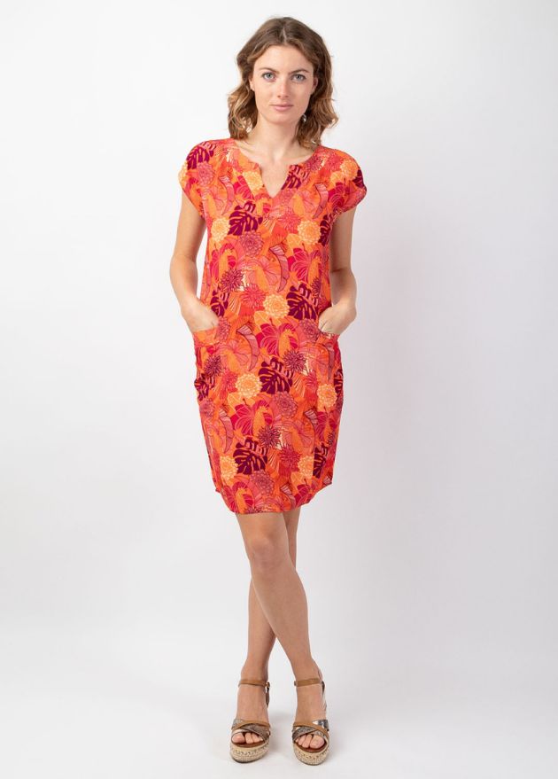 robe courte viscose coton motif tropical orangé face
