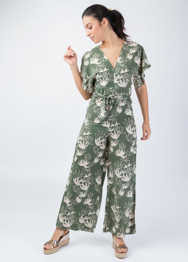 combinaison pantalon chic kaki motif fleuri crème jambes larges