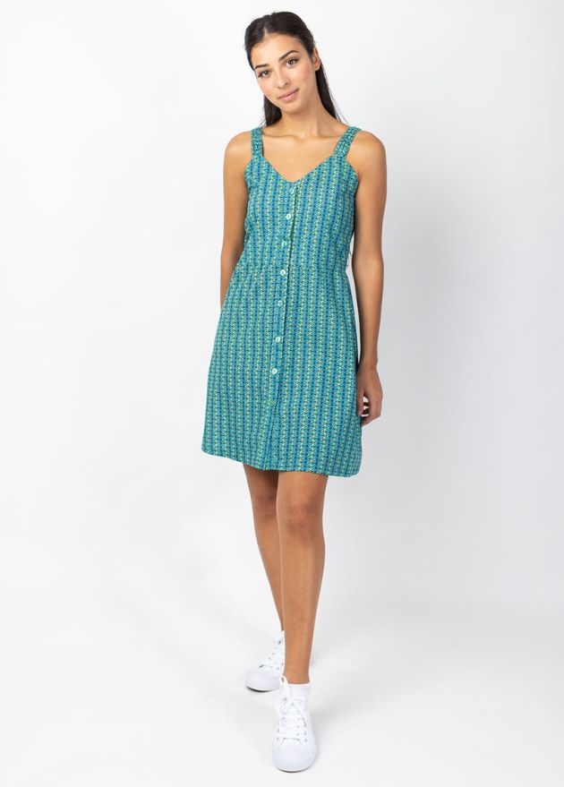 robe courte trapèze motif ethnique vert turquoise face