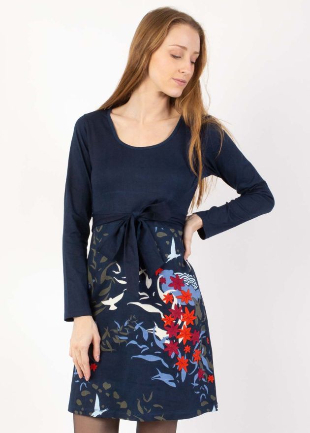 robe courte hiver buste bleu uni bas de la robe imrimé japon
