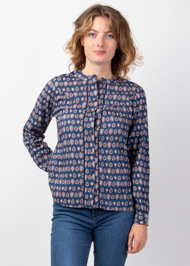 chemisier col mao liseré ajouré sur le devant en viscose 