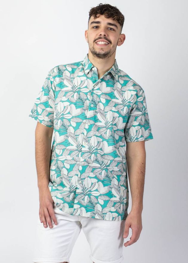 chemise homme été manches courtes imprimé fleuri vert viscose coton zoom