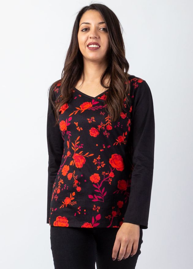 top hiver noir imprimé fleuri en 100% coton manches longues zoom