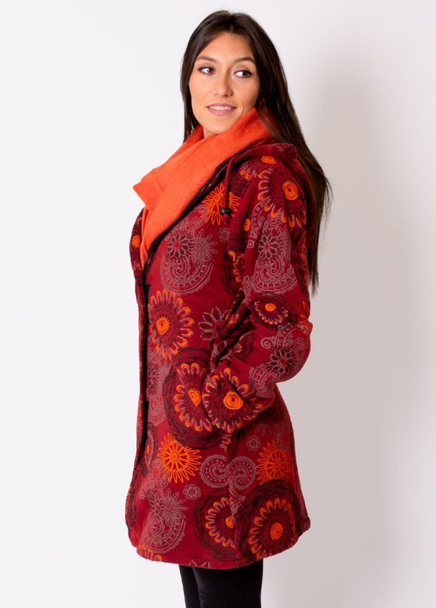 manteau femme motif ethnique bordeaux
