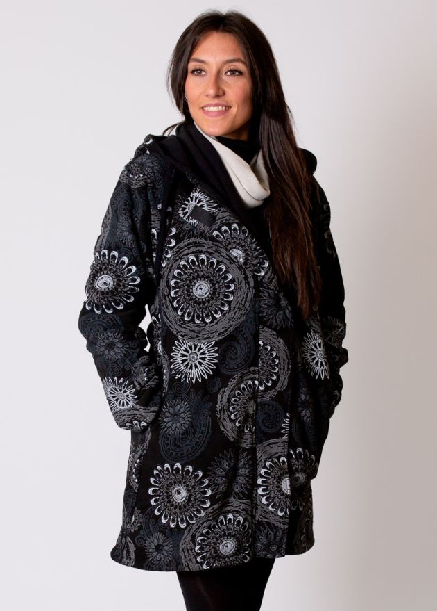 manteau femme à capuche double polaire noir gris