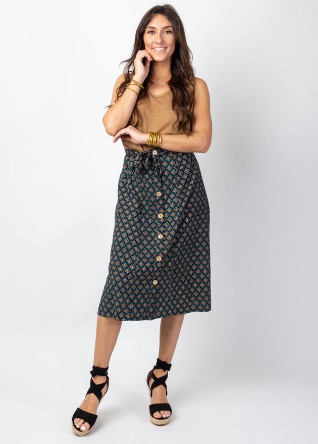 jupe midi motif ethnique noir face
