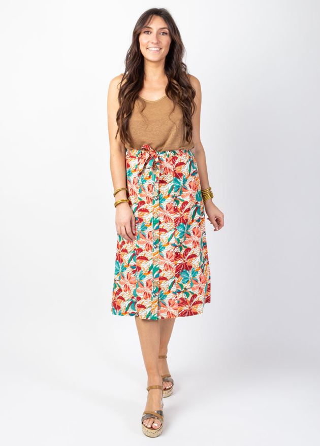 jupe midi motif tropical face