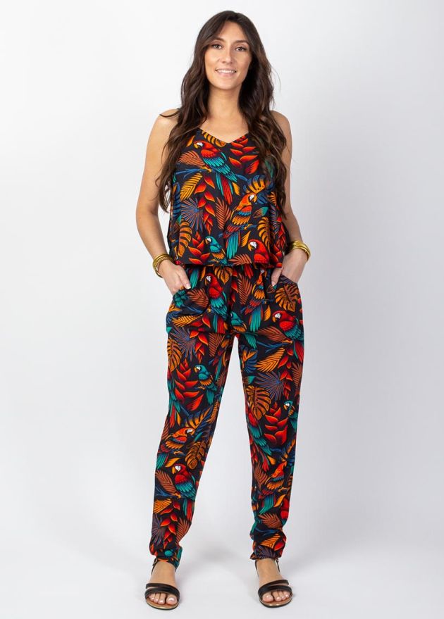 combi pantalon viscose motif ethnique animalier avec poches face