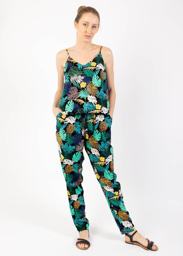 combi pantalon imprimé tropical bleu vert jambes droites