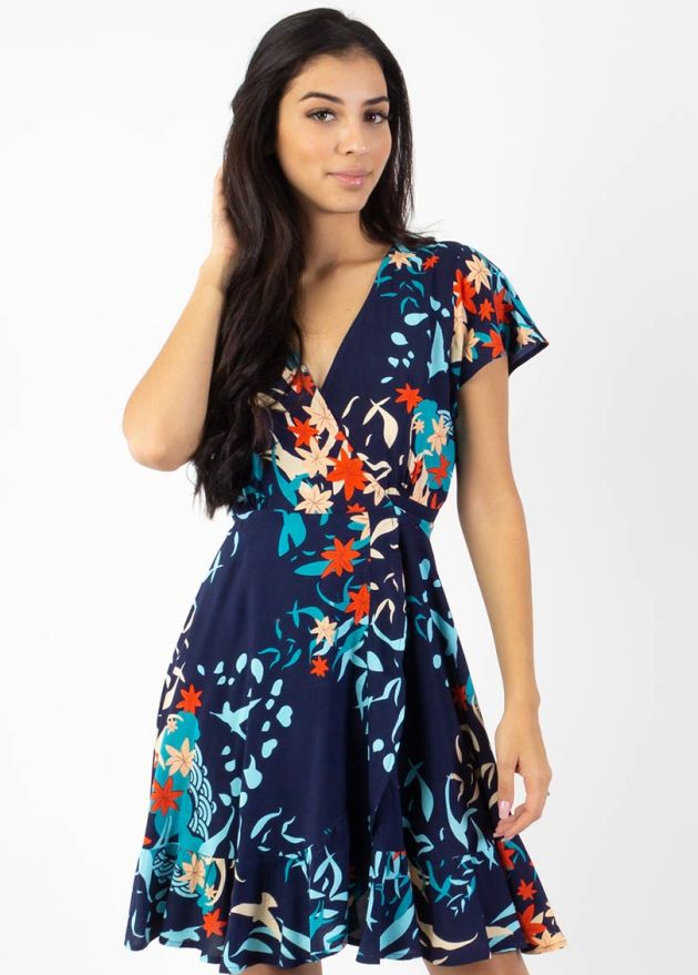 robe courte cache cœur imprimé ethnique marine zoom