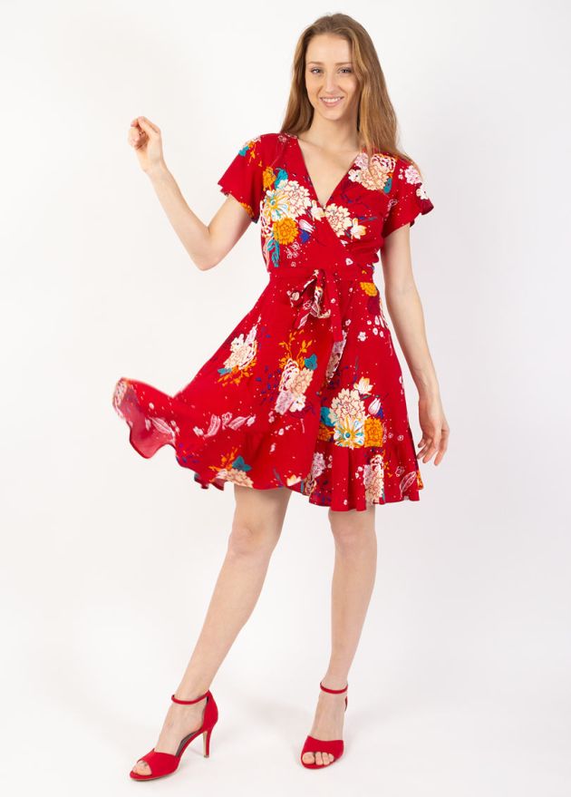 robe courte cache cœur rouge imprimé fleuri  face