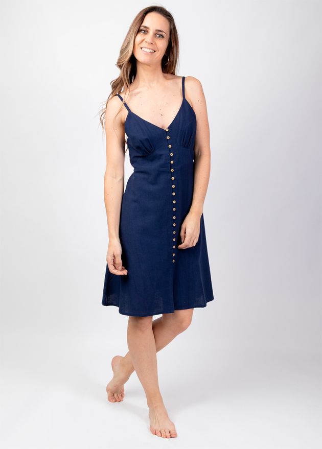 robe courte unie bleu marine fines bretelles encolure en v face