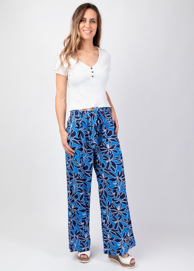 pantalon été jambes larges motif fleuri bleu face
