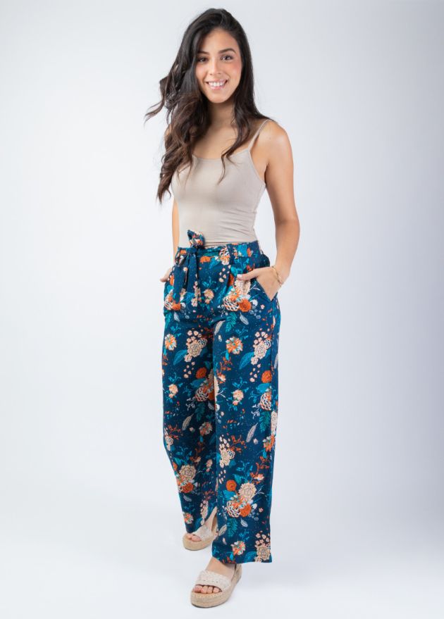 pantalon jambes larges motif fleuri face