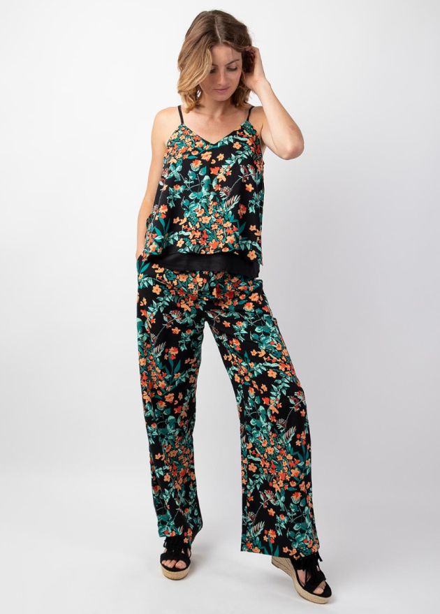 pantalon femme fleuri jambes larges face